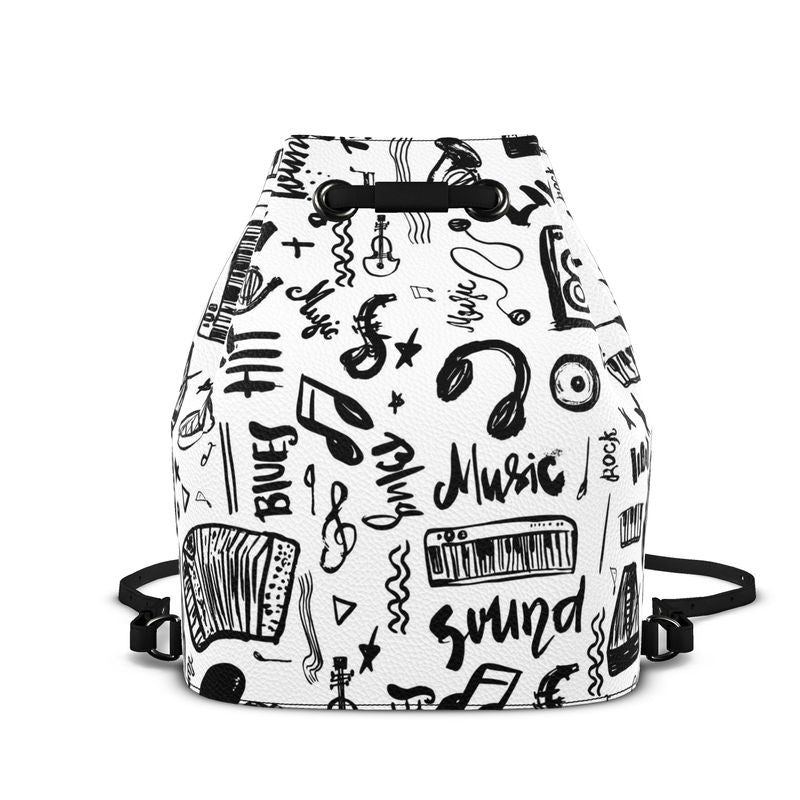 100% Napa Leather Bucket Backpack "Music Doodles Pattern" 🎶🎸🎷