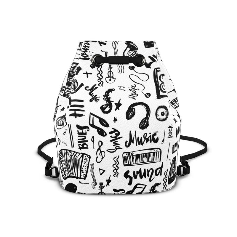 100% Napa Leather Bucket Backpack "Music Doodles Pattern" 🎶🎸🎷