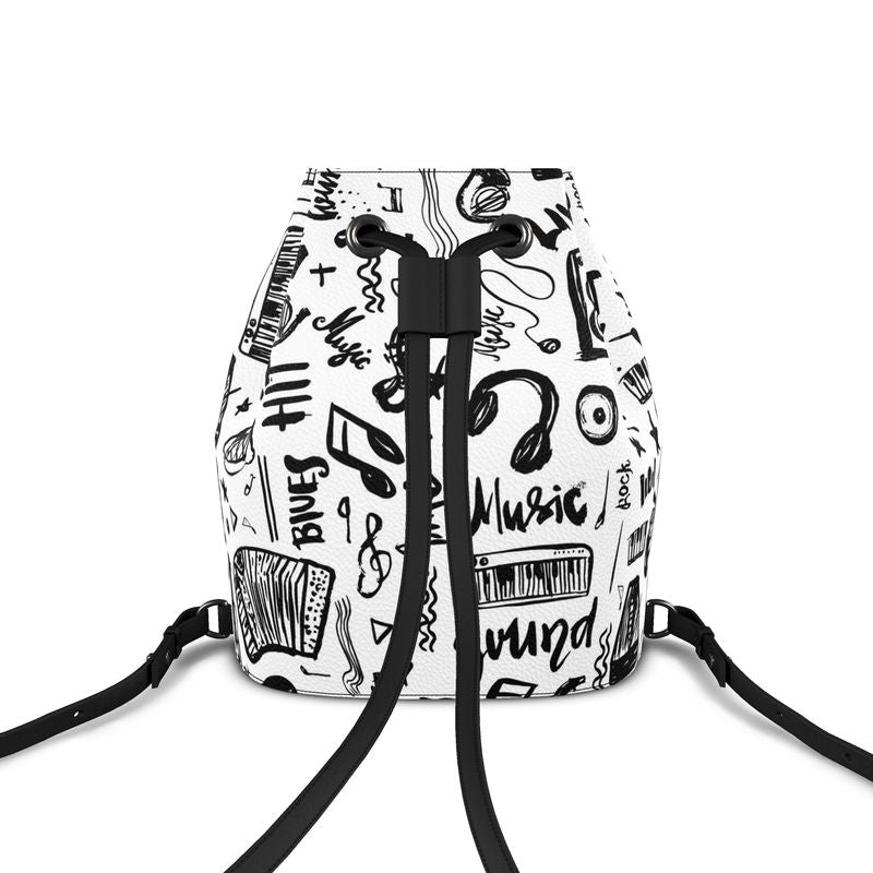 100% Napa Leather Bucket Backpack "Music Doodles Pattern" 🎶🎸🎷