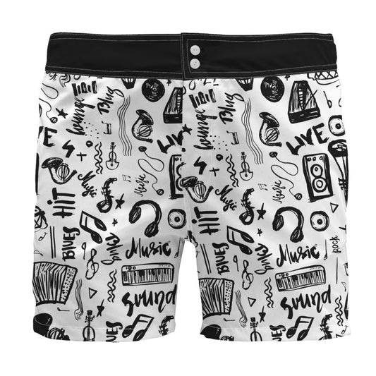 Men's Board Shorts Black & White Music Logo