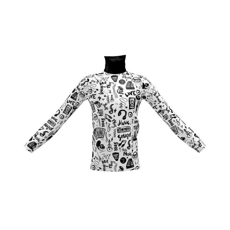 Mens Slim Fit Roll Neck Black & White Music Logo