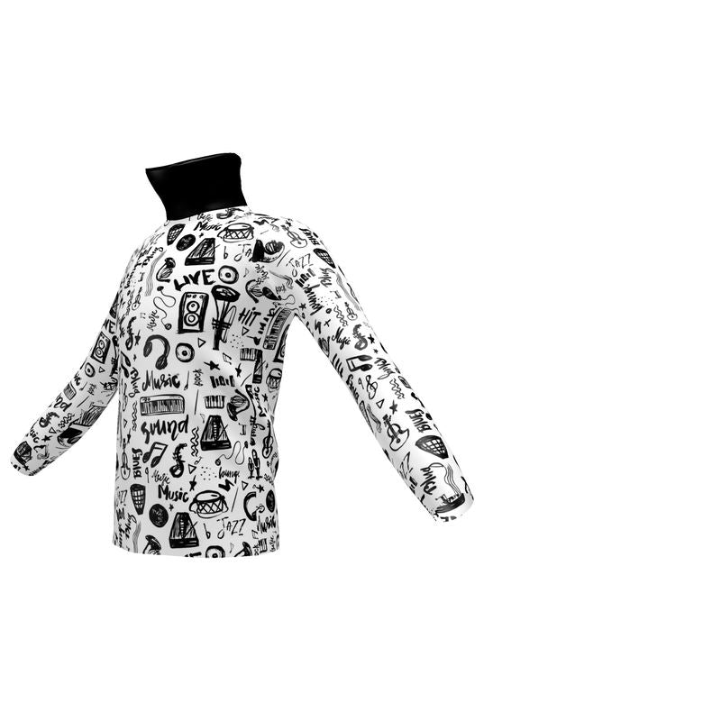 Mens Slim Fit Roll Neck Black & White Music Logo