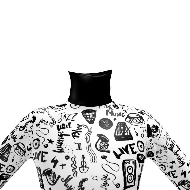 Mens Slim Fit Roll Neck Black & White Music Logo