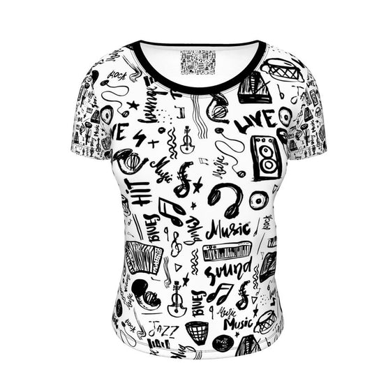 Ladies Scoop Neck T-Shirt Black & White Music Logo