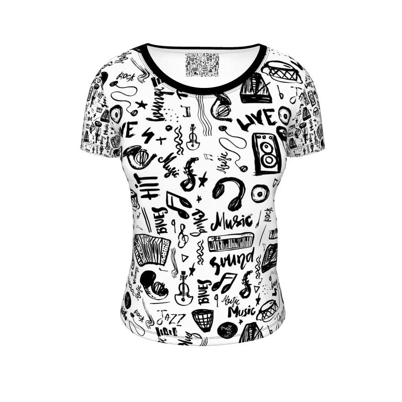 Ladies Scoop Neck T-Shirt Black & White Music Logo