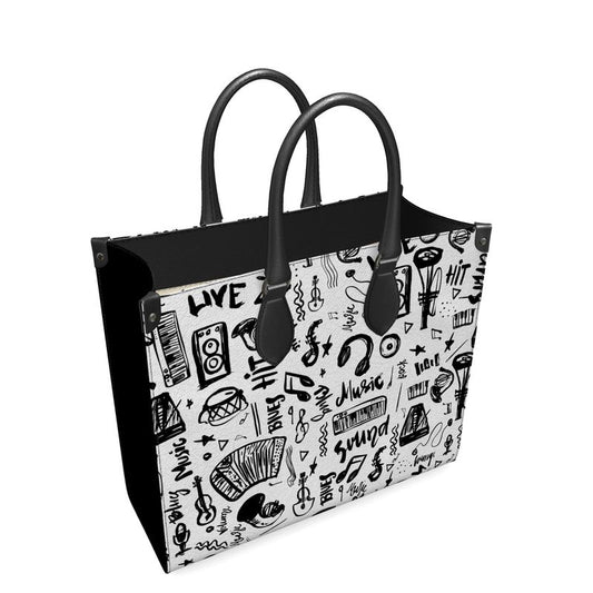 Leather Shopper Bag Black & White Music Logo