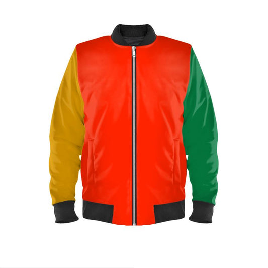 Scarlet Red Satin Bomber Jacket, Classic Color Block.